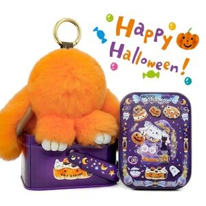 Orange Plush Bunny Lulu Keychain and Purple Halloween Tin Set